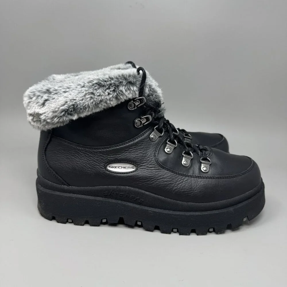 Women's Skechers Shindigs Lookin’ lol Black Winter Boots Size 10 Faux Fur